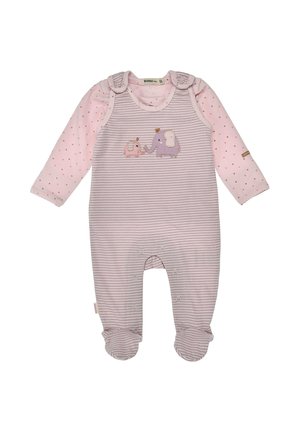 Tutina neonato a righe rosa e bianche con piedini, maniche lunghe rosa con piccoli cuori e elefanti ricamati sul petto.