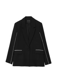 Blazer nero a un bottone con piping bianco sulle maniche e sulle alette delle tasche, dotato di colletto a risvolto e vestibilità sartoriale.