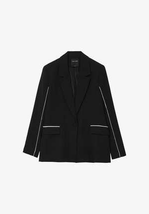 Blazer nero a un bottone con piping bianco sulle maniche e sulle alette delle tasche, dotato di colletto a risvolto e vestibilità sartoriale.