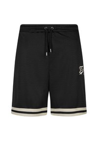 Sorte mesh sportshorts med elastisk midje, snøring og hvite aksentstriper i kanten. Har en logo på siden.