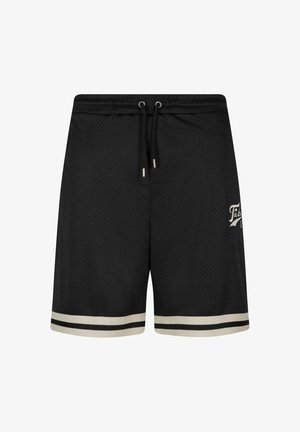Čierne športové šortky z priehľadnej sieťoviny s elastickým pásom, šnúrkou na stiahnutie a bielymi akcentu na leme. Obsahujú logo na boku.