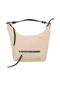 Beige Schultertasche mit verstellbarem schwarzen Schultergurt, einer vorderen Reißverschlusstasche und silberfarbenen Reißverschlussanhängern, vorne mit dem Markenlogo "bruno banani".