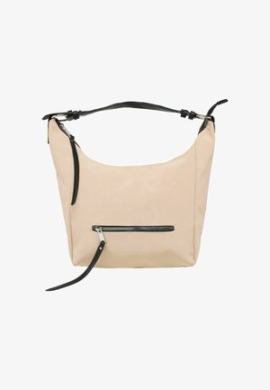 Beige skuldertaske med sort justerbar rem, frontlomme med lynlås og lynlåsdragter i sølvfarve, mærket "bruno banani" på forsiden.