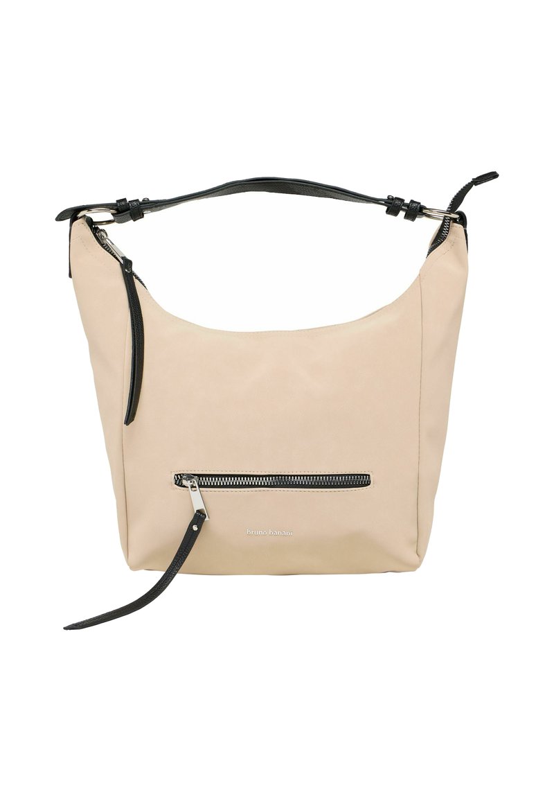 Beige Schultertasche mit verstellbarem schwarzen Schultergurt, einer vorderen Reißverschlusstasche und silberfarbenen Reißverschlussanhängern, vorne mit dem Markenlogo "bruno banani".