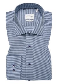 Blauw gestreept ETERNA overhemd van dynamische katoen, met een klassieke kraag, knoopsluiting met paarse accenten en een moderne pasvorm.
