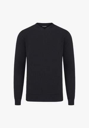 Czarny dziany sweter z dekoltem w serek, długimi rękawami i ściągaczami na mankietach. Gładka faktura i dopasowany krój, odpowiedni do noszenia warstwowego.