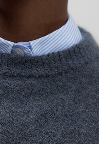 Grijze gebreide trui met een ronde hals over een lichtblauw-wit gestreept overhemd met kraag. De stof lijkt zacht en gestructureerd.