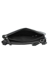 Black leather clutch bag with a textured finish, zip closure, and a single compartment. Features silver-tone zipper and hardware accents.