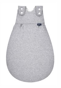 Grau Baumwollschlafsack mit gestrickter Textur, abgerundetem Boden und großen, geknöpften Schulterriemen. Verfügt über ein kleines blaues Markenschild.