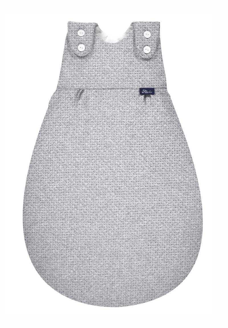 Grau Baumwollschlafsack mit gestrickter Textur, abgerundetem Boden und großen, geknöpften Schulterriemen. Verfügt über ein kleines blaues Markenschild.