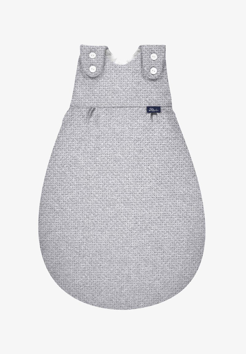 Grau Baumwollschlafsack mit gestrickter Textur, abgerundetem Boden und großen, geknöpften Schulterriemen. Verfügt über ein kleines blaues Markenschild.