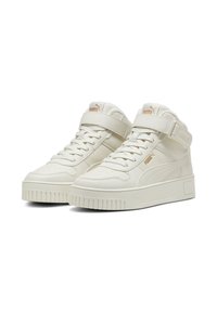 Weisse High-Top-Sneaker aus glattem Leder, mit gepolstertem Kragen, Schnürverschluss, Klettverschluss und strukturiertem Gummisohle.
