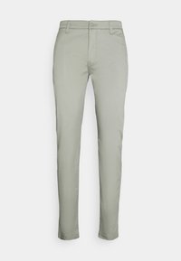 Light green cotton pants with a straight leg design, featuring a zip fly, button closure, and two front pockets.