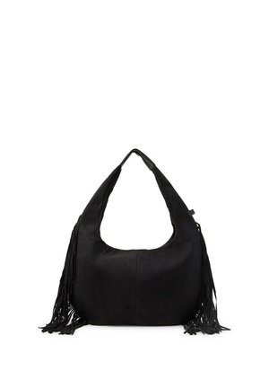 Sac à main hobo noir avec une texture douce et de longues franges des deux côtés, avec une seule bandoulière large.