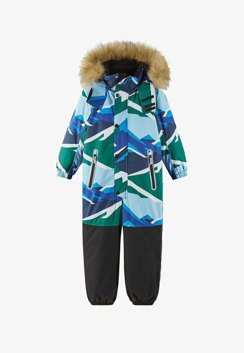 Kolorowy zimowy kombinezon z niebiesko-zielono-białym geometrycznym wzorem, z kapturem wyściełanym futrem oraz wzmocnionymi czarnymi nogawkami spodni z elastycznymi mankietami.