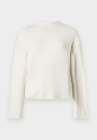 Kremowy, dziergany sweter z długimi rękawami, okrągłym dekoltem i prążkowanymi mankietami. Miękka tekstura, luźny krój i minimalistyczne detale.