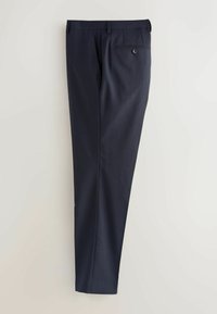 Navy blue tailored men's dress pants with back button pocket, belt loops, and slim fit, displayed against a plain light background.