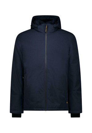Navy blue hooded jacket with full front zipper and ribbed cuffs, designed for cold weather.