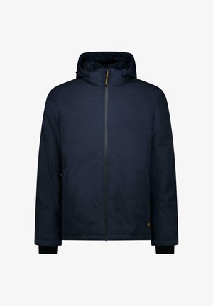 Veste à capuche bleu marine avec fermeture éclair intégrale à l’avant et poignets côtelés, conçue pour temps froid.