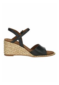 Černé kožené sandály na klínu s překříženými popruhy kolem kotníku a tkanou juteovou podrážkou. Otevřená špička s texturovanou podrážkou. Neformální letní styl.