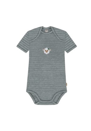 Kurzarmpullover-Bodysuit aus weichem, gestreiftem grauen Stoff mit einem gestickten Schafdesign, das ein kleines grünes Kleeblatt zeigt.