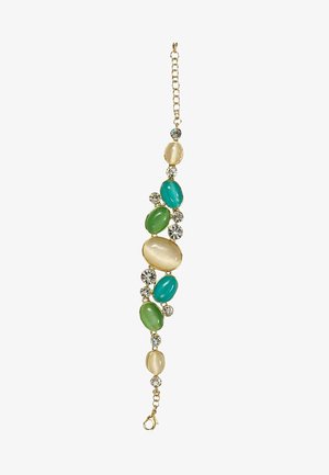 Pulsera de oro con piedras ovaladas alternadas verdes, azul verdoso y crema, decorada con pequeños brillantes transparentes y un cierre de cadena.