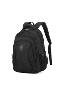 Zaino in nylon nero con spallacci imbottiti, molteplici scomparti con zip, tasche laterali in rete e un logo circolare sulla parte anteriore.