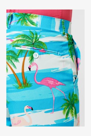 Herren Shorts mit einem lebhaften tropischen Muster, das rosa Flamingos und Palmen auf blauem Hintergrund zeigt. Leichter Baumwollstoff.