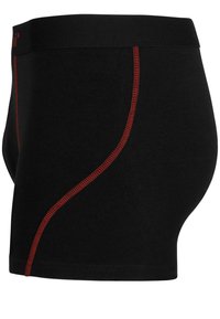 Black boxer shorts with a fitted design. Features red stitching along the sides. Soft fabric with an elastic waistband. No patterns or logos visible.