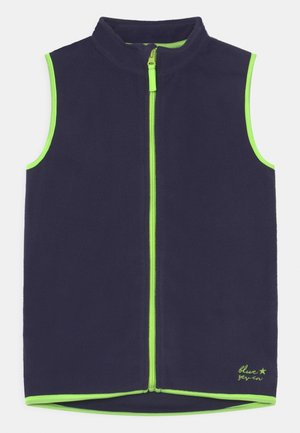 Gilet in pile senza maniche blu navy con zip frontale completa e rifinitura verde neon e fodera della zip, logo in basso a destra.