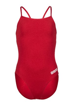 Bañador rojo de una pieza con tirantes finos y el logo blanco de "arena" en la parte inferior izquierda.
