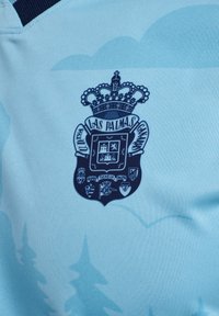 Lyseblå sportstrøje med et fremtrædende mørkeblå klubvåben med en krone og forskellige skjolddetaljer. Glat stofstruktur.