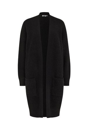 Čierny cardigan vyrobený z textúrovanej látky, s otvoreným predným dielom, dlhými rukávmi a dvoma prednými vreckami. Rífované detaily pozdĺž okrajov.