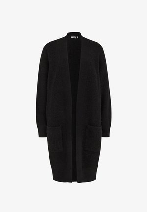 Cardigan negru dintr-un material texturat, cu deschidere frontală, mâneci lungi și două buzunare frontale. Accente ribbate pe margini.