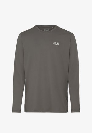 Donkergrijze Jack Wolfskin shirt met lange mouwen, ronde hals en een klein wit logo op de linkerborst.