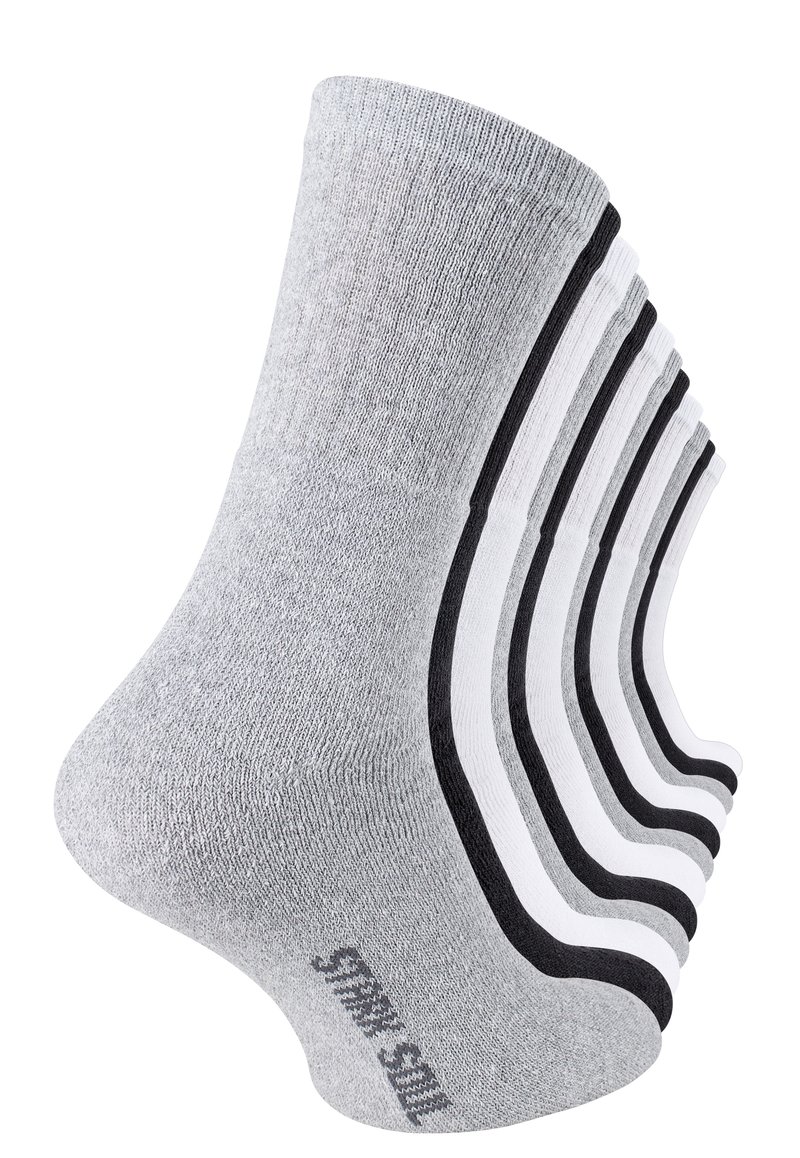 Calzini grigi e bianchi in diverse sfumature; misto cotone con texture a costine. Ogni paio presenta strisce a contrasto sui talloni e sulle punte.