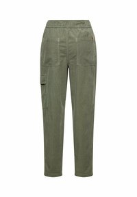 Grüne Cargo-Hosen mit lockerem Schnitt, elastischem Bund, mehreren Taschen und vertikaler Struktur. Geeignet für legere Kleidung und den praktischen Gebrauch.