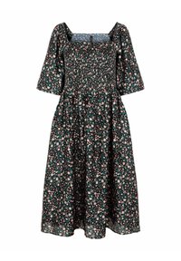 Robe noire mi-longue avec corsage smocké, manches larges aux coudes, imprimé floral vert et rose clair.