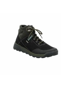 Czarne i ciemnozielone buty trekkingowe wykonane z zamszu i materiału tekstylnego, z gumową podeszwą, sznurowanym zapięciem oraz wzmocnionym noskiem. Posiadają detal z logo.