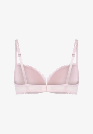 Rosa BH mit Spitzenbesatz, vorgeformten Körbchen, verstellbaren Trägern und Hakenverschluss. Glatte Textur und zarte gewellte Details.