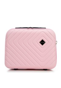 Pink hard-shell suitcase with a chevron pattern, black zipper, and identifiable brand logo. Features a sturdy handle and wheels.