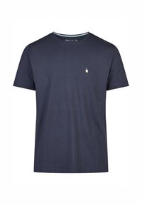 Marineblauwe katoenen T-shirt met een klein geborduurd ananasontwerp op de linkerborst. Ronde hals en korte mouwen, gladde textuur.