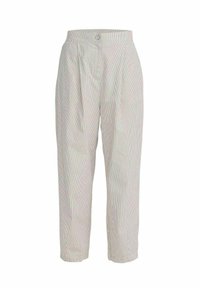 Leichte, hochgeschnittene, geplättete Hose aus einem cremefarbenen Stoff mit dünnen vertikalen Streifen. Verfügt über einen Knopfverschluss und seitliche Taschen.