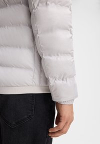 Hellgraue Daunenjacke mit gestepptem Design, gerippten Bündchen und elastischem Saum. Das Material wirkt glatt und isoliert.