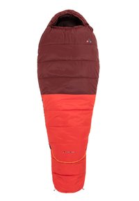 Sac de couchage momie avec une moitié supérieure bordeaux et une moitié inférieure orange. Tissu synthétique texturé avec fermetures éclair et capuche à cordon.