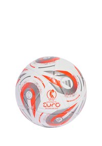 White soccer ball with red and gray accents, featuring geometric patterns and logos for UEFA Women’s Euro 2025 and "Konexitis" design.