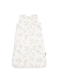 Katoenen slaapzak met een bloemenpatroon in gedempt beige op een witte achtergrond, met een ritssluiting aan de voorkant en zonder mouwen.