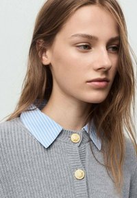 Grauer, gerippter Pullover mit blau-weißer gestreiftem Kragen, der vorne zwei goldene Knöpfe hat. Die Haare fallen locker.
