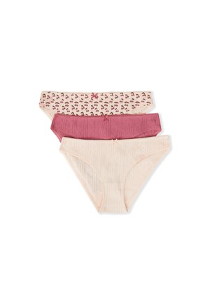 Tre paia di mutandine da donna in vari colori: una crema con motivo di ciliegie, una rosa unita e una beige chiaro con righe testurizzate.