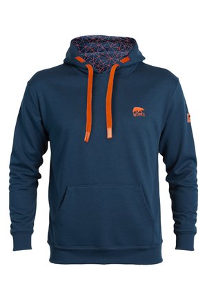 Sudadera de color azul marino con cordón ajustable, detalles en color naranja, bolsillo frontal y un interior con un patrón geométrico. Presenta un pequeño logo.
